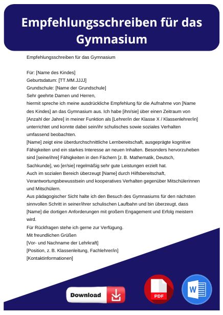 Empfehlungsschreiben für gymnasium