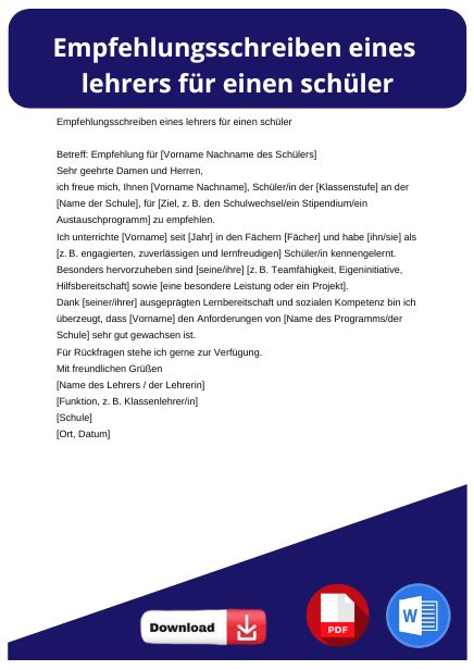 Empfehlungsschreiben lehrer für schüler